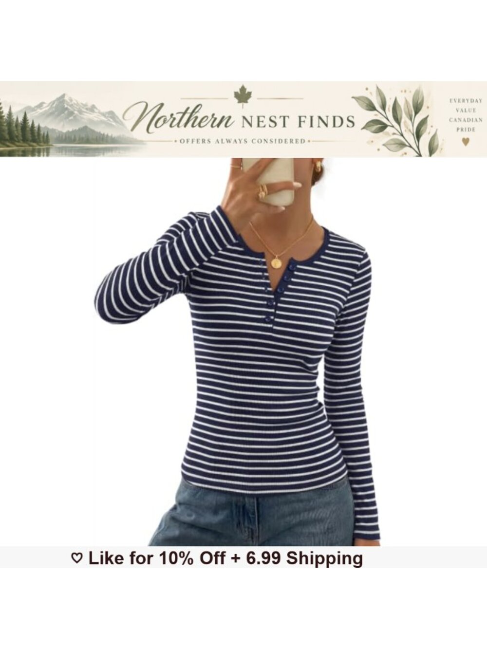 Striped Long Sleeve Henley Tops Ribbed Knit Slim Fit Casual Tees